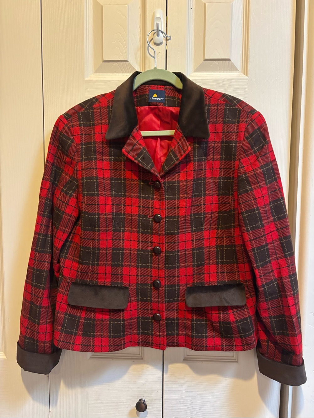 Vintage LizSport sz 14 Wool Red Plaid Equestrian Blazer Jacket w/ Velvet Collar